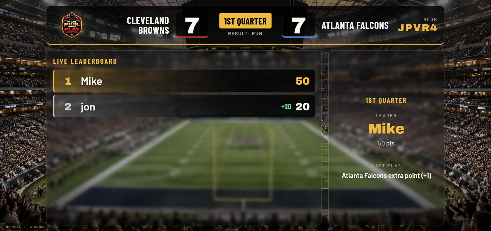 Game Day TV Mode stadium dashboard with football scoreboard and live player leaderboard