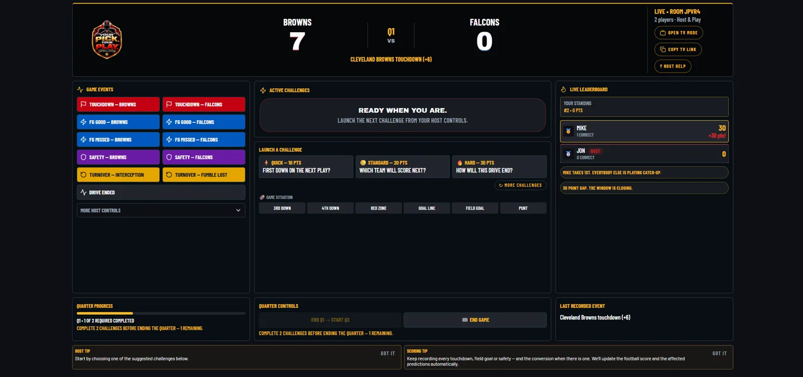 Host Command Center overview: scoreboard, game event buttons, challenge launcher, live leaderboard and quarter controls