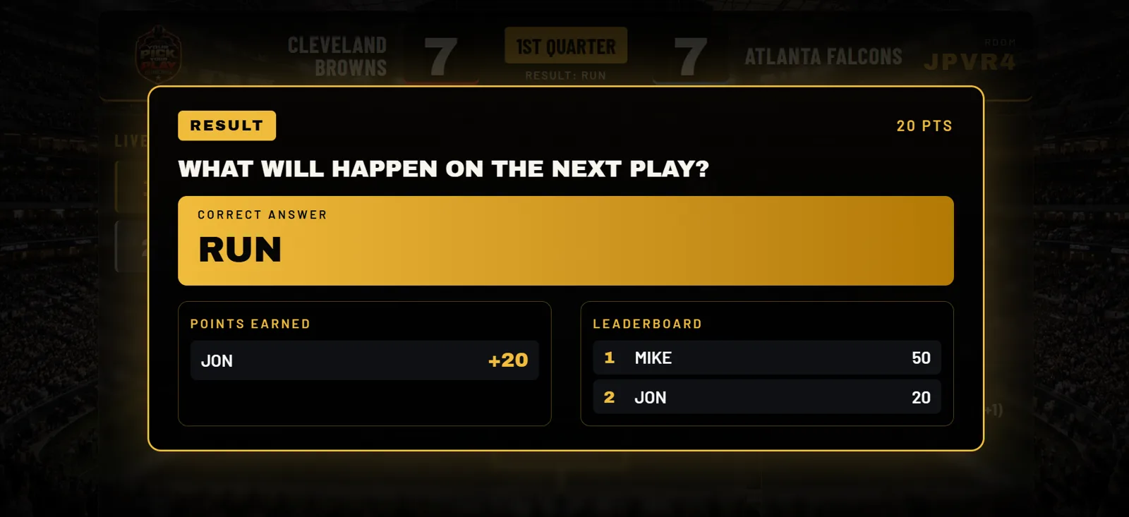 TV Mode challenge result showing the correct answer and points earned by each player
