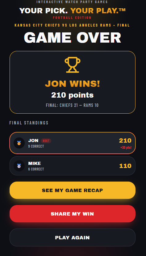 Game Over screen: Jon wins with 210 points