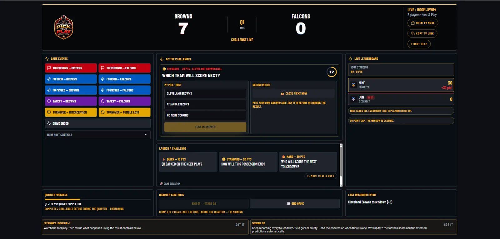 Host Command Center with an active live challenge, countdown and answer controls