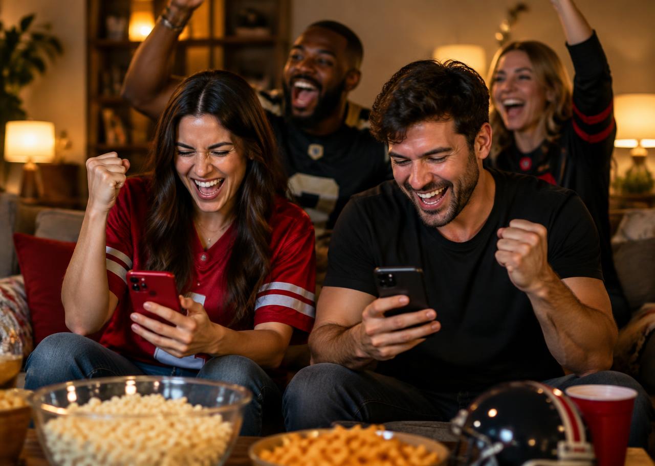Friends celebrating together while playing along on their phones at home